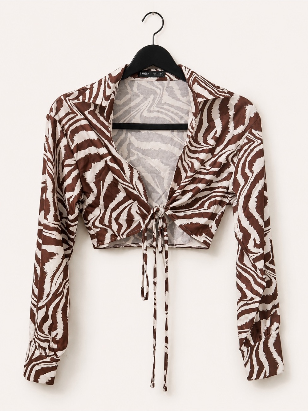 SHEIN Zebra Print Tie-Front Blouse in Brown and White